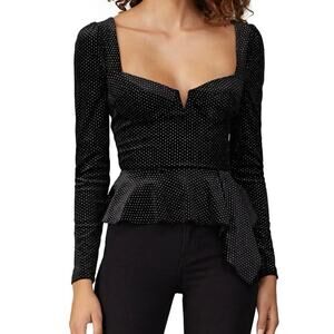 Saylor Elsa Black Velvet Metallic Peplum Top Long Sleeve Party Blouse Sz M